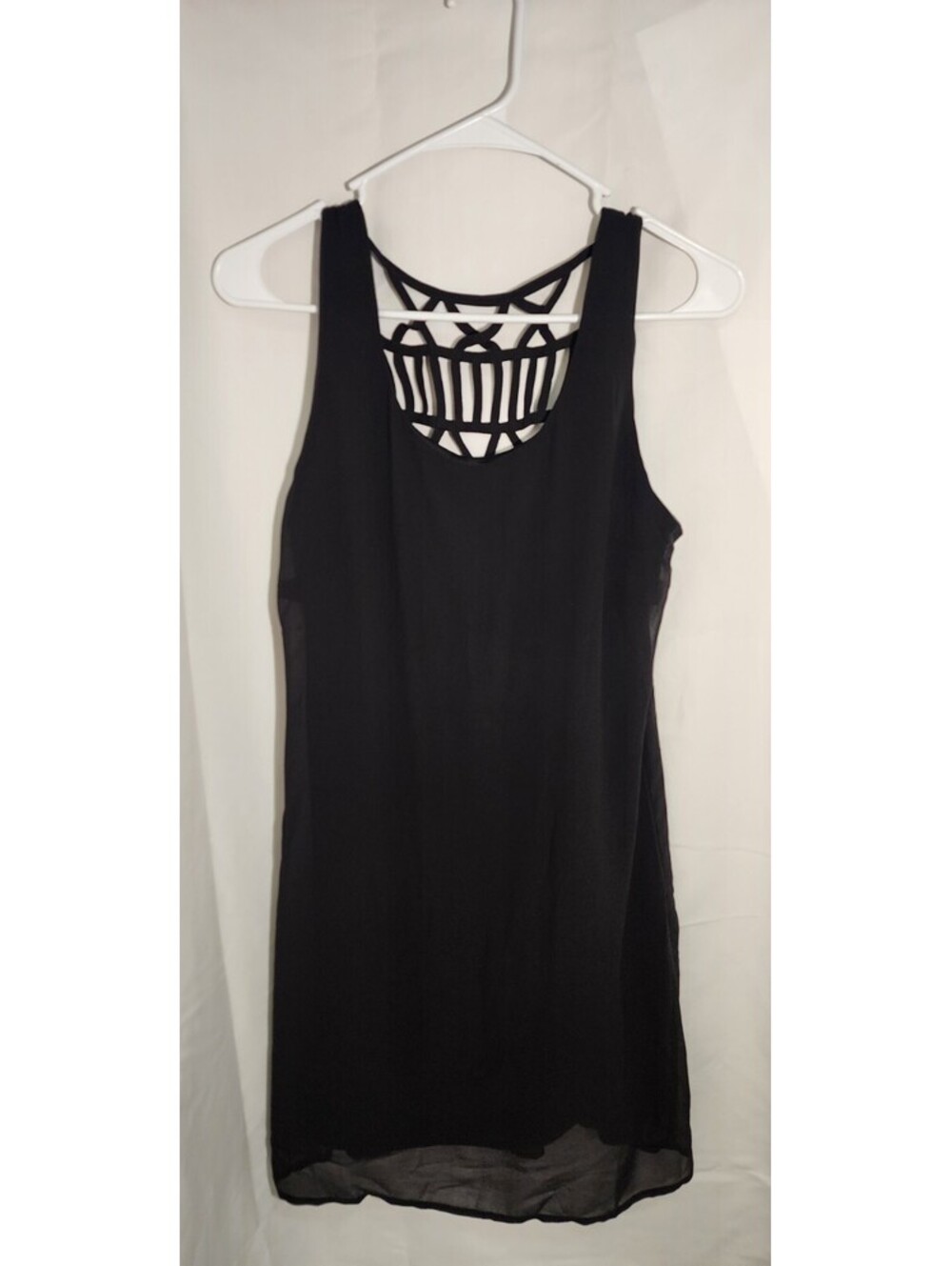 Black Sheer Sleeveless Top Sz M Open Strappy Cage Back Flowy Tank Blouse